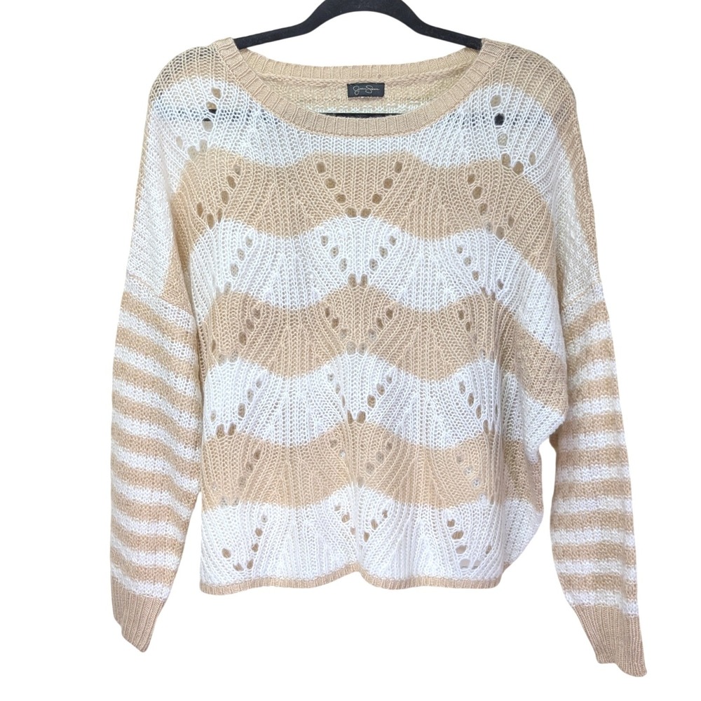 Jessica Simpson Loreen Medium Tan White Chevron Open Knit Pointelle Sweater Boho
